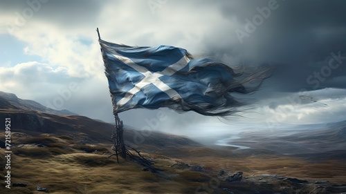 A battleworn scottish flag flying in the wind
