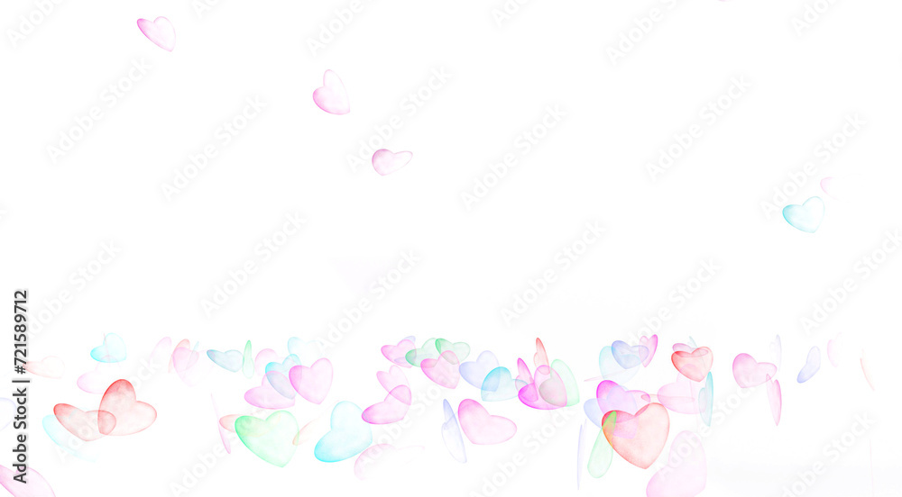 Subdued pastel watercolor hearts on white background with copy space