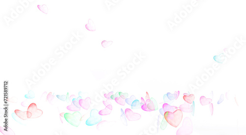 Subdued pastel watercolor hearts on white background with copy space