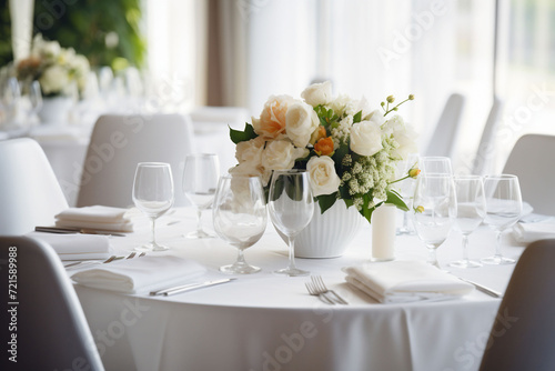 A white themed table setting with a floral centerpiece creates a romantic atmosphere for a refined event. The light filled restaurants or banquet room for wedding and other celebrations