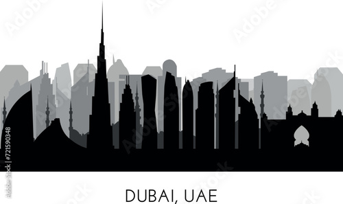 Dubai UAE 2024 skyline silhouette. Black Dubai city design isolated on white background, vector sights