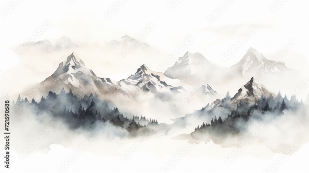 Watercolor landscape featuring a mountain view, Misty mountains watercolor background. Beautiful simple painting of mountains.