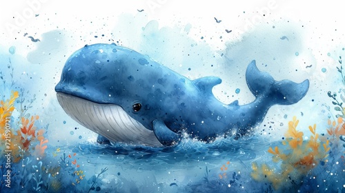Cute whale watercolor illustration. Watercolor painting of whale. Clip art composition of humpback whale with flowers in the sea.
