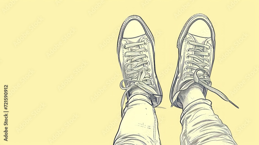 Abstract image featuring legs in sneakers. Pastel colors. Line art.
