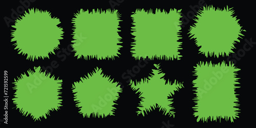 Grunge abstract shapes with rough edges. Hand drawn vector geometric elements. Template for typography, banner, advertisement. Brush drawn geometric green screen shapes isolated on black background.