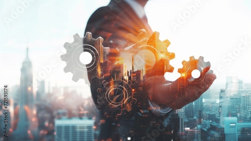 Close up of businessman's hand holding abstract cogs on city background. Teamwork concept. Double exposure