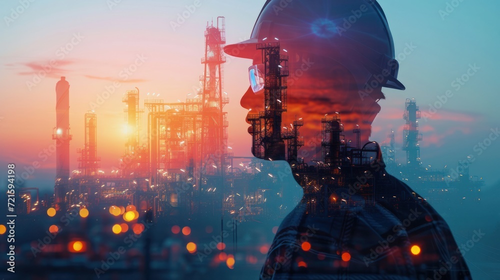 Double exposure of Engineer with oil refinery industry plant background, industrial instruments in the factory and physical system icons concept - obrazy, fototapety, plakaty 