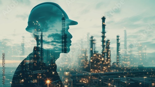 Double exposure of Engineer with oil refinery industry plant background, industrial instruments in the factory and physical system icons concept photo