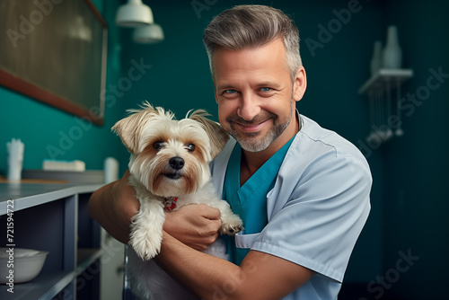 Portrait of smiling veterinarian next to the dog