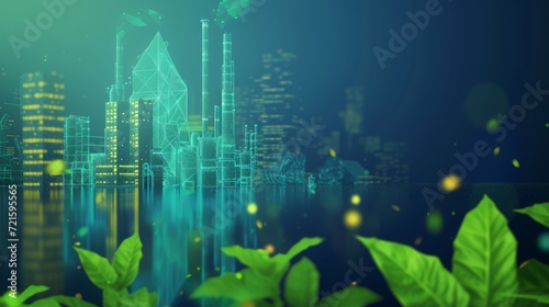 Green industry concept with factory and leaves in futuristic glowing low polygonal style on blue