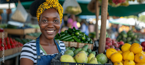 Dynamic Portrait of a Black Female Entrepreneur in Market Buzz