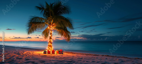 Holiday Glow, Palm Decorated with Christmas Lights on the Beach