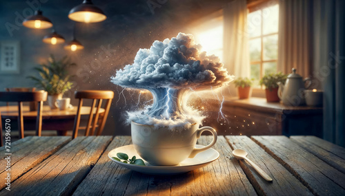 A storm in a teacup. A old-fashioned teacup with a stormy cloud and lightning, on a rustic table, warm cozy interior. photo