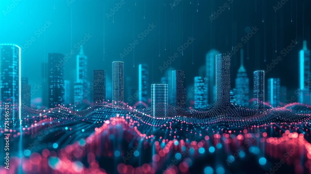 Obraz premium Smart city and abstract dot point connect with gradient line and aesthetic Intricate wave line design , big data connection technology concept