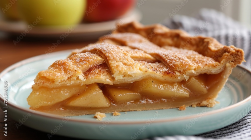 Close-up of an apple pie slice on a ceramic plate. Sweet pastry topped with powdered sugar and cinnamon. Red and green apples in the background. Close-up of an apple pie slice on a ceramic plate. Sweet pastry topped with powdered sugar and cinnamon. Red and green apples in the background.