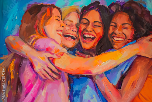 heartwarming and positive artwork depicting a group of friends hugging and laughing together