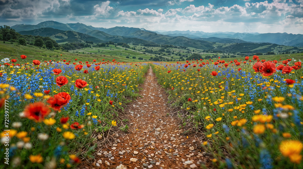 Bright poppies, daisies and bells flowers along a countryside path with green hills in the background. Illustration for covers, wallpapers, collages and other projects about summertime in countryside.