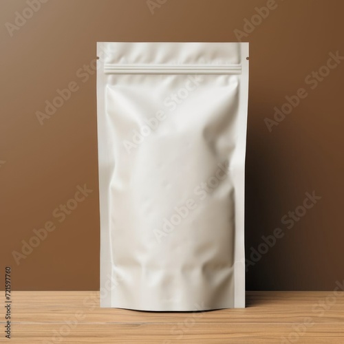 empty white blank pouch mockup, coffee bag mockup, packaging mockup design, white pouch, snakes pouch, tea pouch, coffee beans pouch or bag mockup, pouch mockup on the table with brown background,