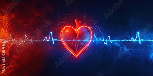 Heart disease, myocardial infarction, cardiology service banner concept. Love beat. Creative Valentine's Day concept. Heart and pulse line on blue background 