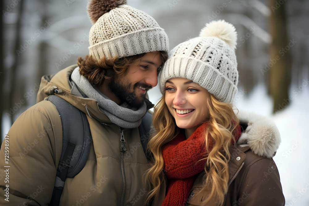 portrait of a happy loving couple in warm clothes outdoors in winter. love and family relationships portrait of a happy loving couple in warm clothes outdoors in winter. love and family relationships