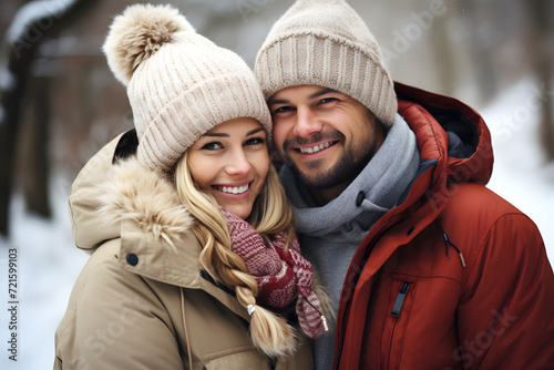 portrait of a happy loving couple in warm clothes outdoors in winter. love and family relationships © photosaint