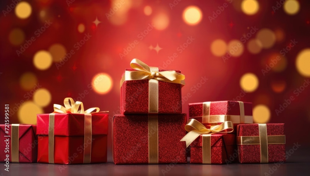 Red gift box with golden ribbon on a blurry background, beautiful gift boxes on a blurry background, red gift boxes on a red blurry background, in the style of soft edges and blurred details Red gift box with golden ribbon on a blurry background, beautiful gift boxes on a blurry background, red gift boxes on a red blurry background, in the style of soft edges and blurred details