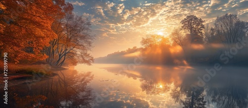 Captivating Beauty of a Misty Autumn Sunrise over a Serene River © AkuAku