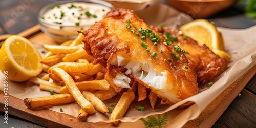 Fast tasty food, French fries with a cutlet, fish burger with white sauce photo