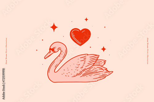 Swan and red heart on a light background. Beautiful bird - symbols of strong love and romance in a linear style. Wedding atributes on a light background. Valentine's Day, vector illustration.