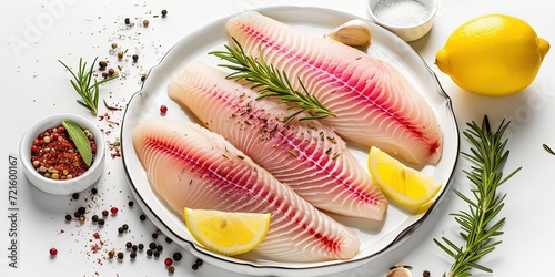 Three fillets of white fish hake with pieces of lemon and rosemary are ready to cook healthy food photo