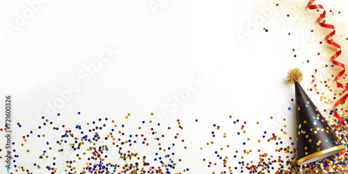 Confettis, chapeau pointu et ruban flonflon, les ingrédients pour un carnaval réussi. Fond blanc avec espace négatif pour texte pour le Carnaval de Nice, Dunkerque, Venise, Rio de Janeiro en février photo