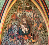 BERN, SWITZERLAND - JUNY 27, 2022: The detail of fresco of Madonna among the Old Testament Kings in the church Franzosichche Kirche by anonym Nelkenmeister (1495-1500).