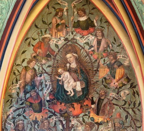 BERN, SWITZERLAND - JUNY 27, 2022: The detail of fresco of Madonna among the Old Testament Kings in the church Franzosichche Kirche by anonym Nelkenmeister (1495-1500).