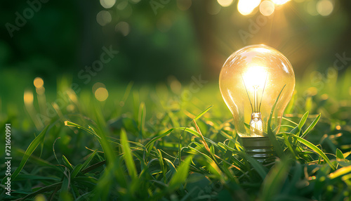 Light bulb in green grass on green blurred nature background sunny summer day