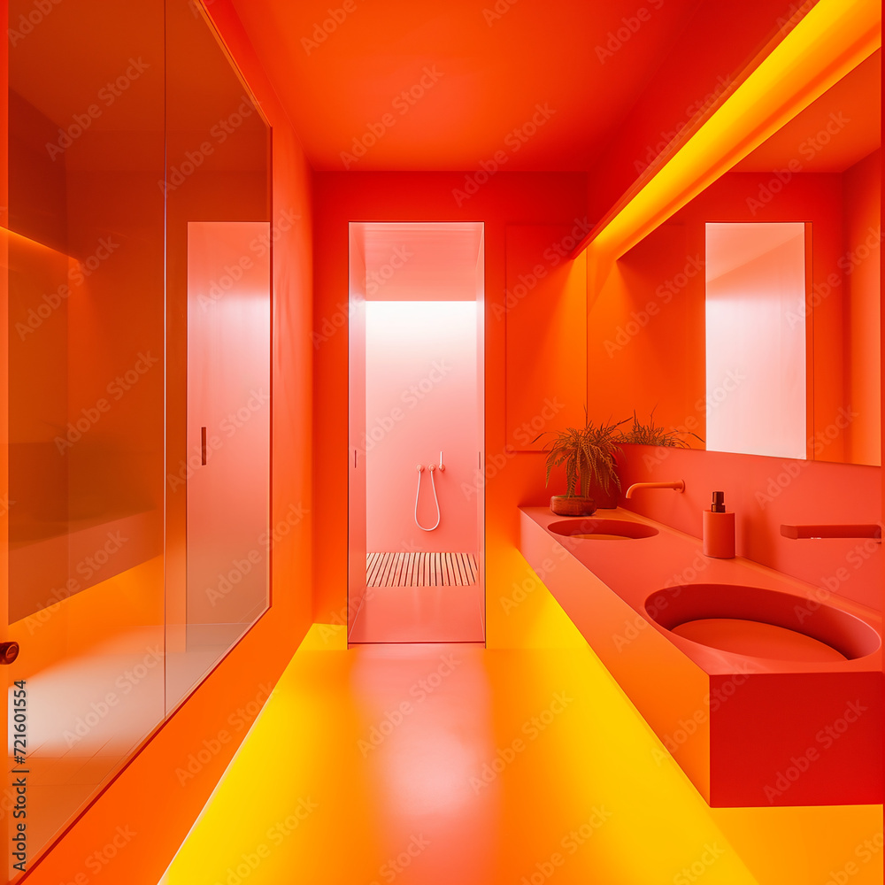 Salle de bain aux couleurs très vives orange et jaune. Double vasque, miroir, rangement douche italienne. Couleurs chaleureuses - obrazy, fototapety, plakaty 