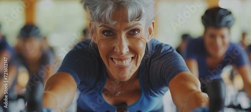 Active senior woman participating in indoor group exercise bike session at gym with people