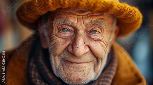 Close-up portrait of an elderly man's funny facial expression. Funny elderly man with expressive eyebrows and amused look of humor. Unique easy expression.
