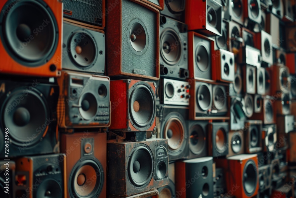 Obraz premium A bunch of speakers stacked on top of each other. Perfect for music events and concerts