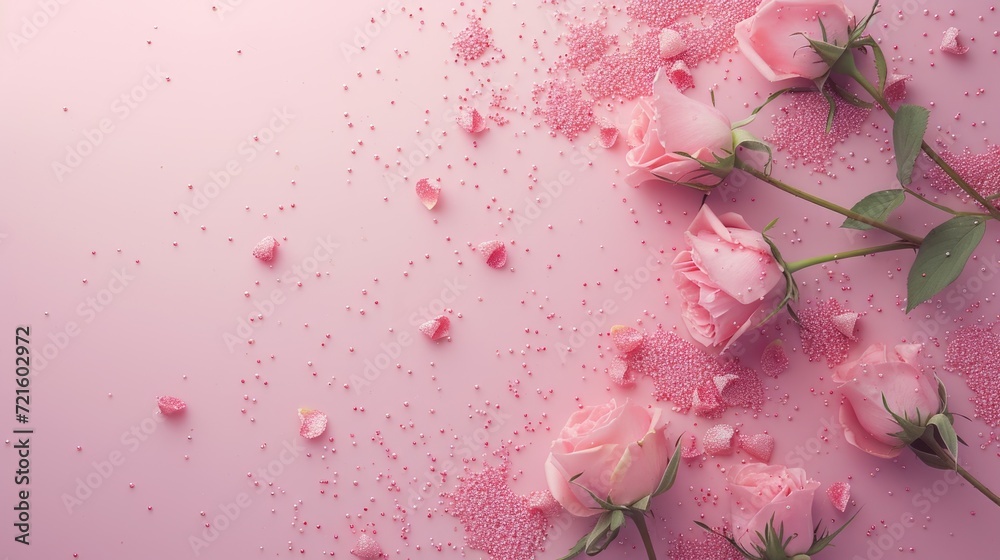A beautiful arrangement of pink roses placed on a pink surface. Perfect for adding a touch of elegance to any project or decoration A beautiful arrangement of pink roses placed on a pink surface. Perfect for adding a touch of elegance to any project or decoration