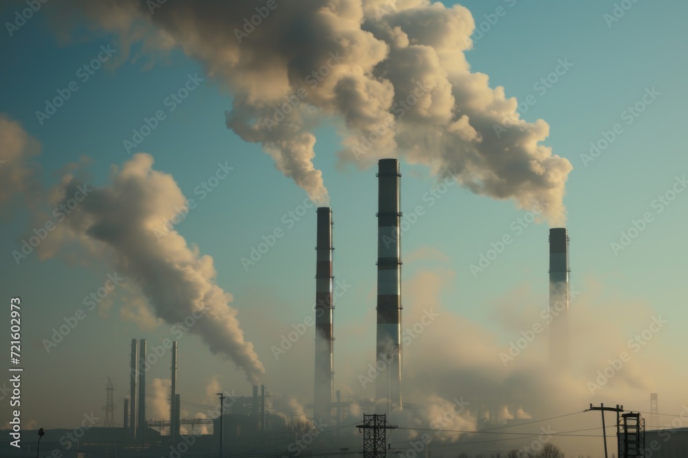 Smoke billowing out of the stacks of a factory. This image can be used to depict industrial pollution or environmental issues