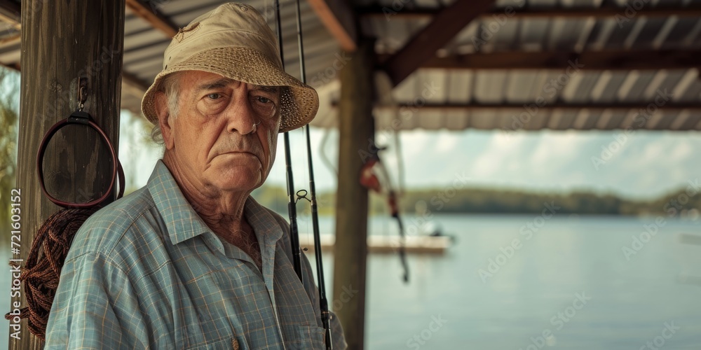 An older man wearing a hat is seen holding a fishing rod. This image can be used to depict leisure activities or outdoor hobbies