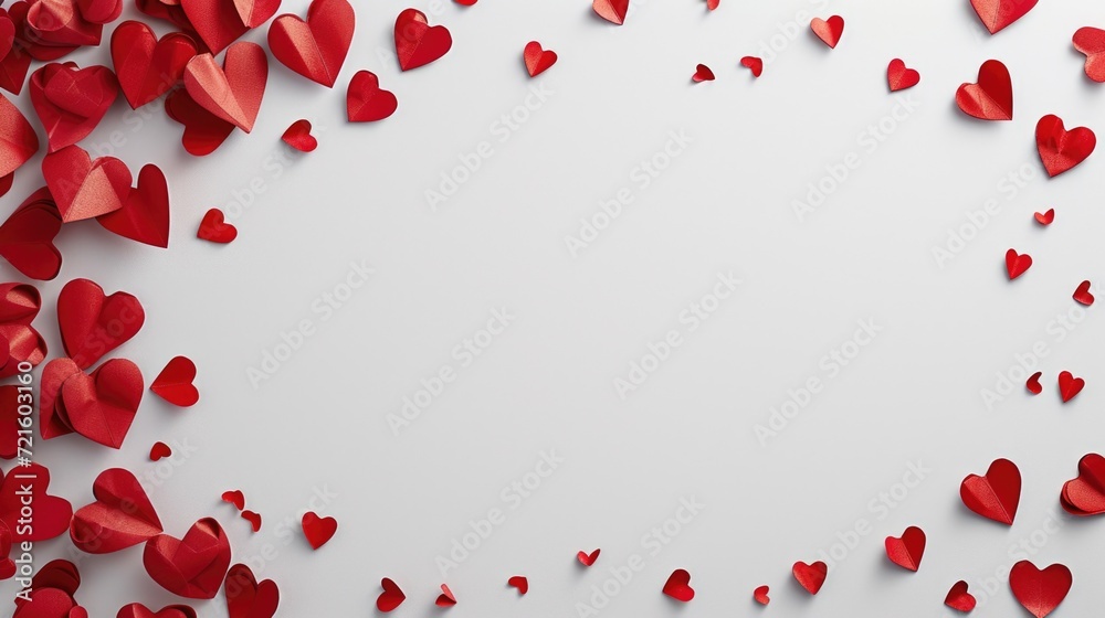 Red paper hearts scattered on a clean white background. Perfect for Valentine's Day or any romantic-themed projects