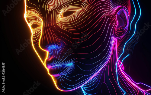  Renderização 3D, fundo minimalista abstrato. rosto feminino mulher de néon brilhante, linha simples com loops, gradiente violeta azul rosa vermelho, papel de parede ultravioleta moderno