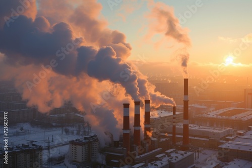 A cityscape with billowing smoke, creating a dramatic and atmospheric scene. Ideal for illustrating pollution, industrialization, or environmental issues. © Fotograf