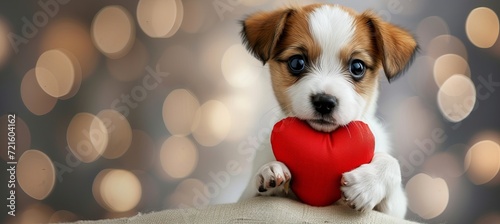 Adorable puppy holding heart shaped pillow for valentine s day with copy space on blurred background photo