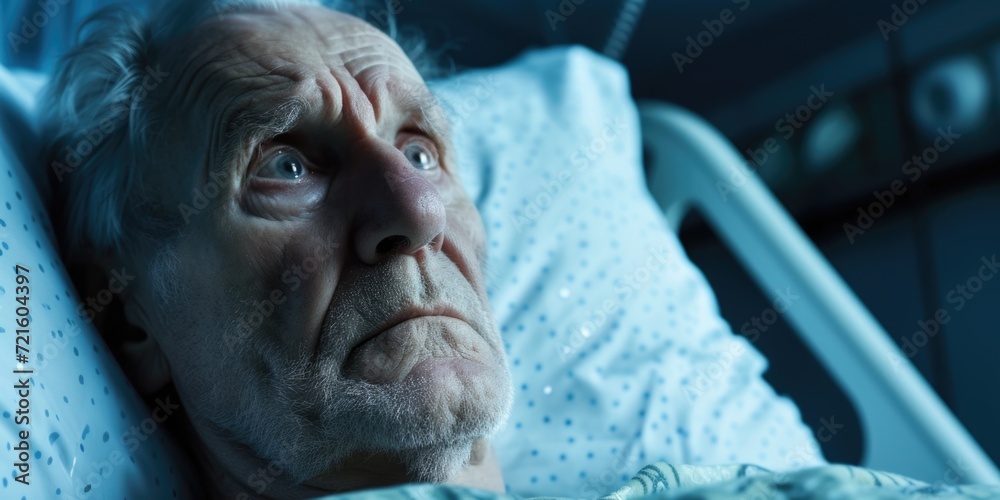 An elderly man lying in a hospital bed. Suitable for medical or healthcare-related content An elderly man lying in a hospital bed. Suitable for medical or healthcare-related content