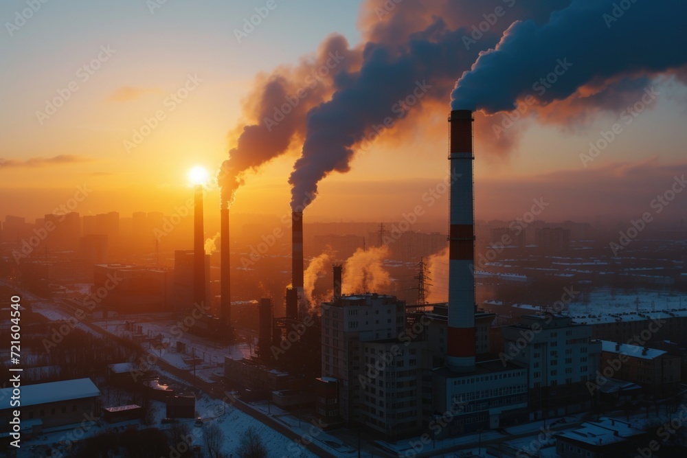 A picture of a factory with smoke billowing out of its stacks. This image can be used to represent industrial pollution or manufacturing processes.