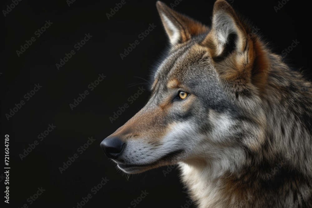 A detailed close-up of a wolf against a black background. Perfect for wildlife enthusiasts or those looking for a bold and striking image for their projects