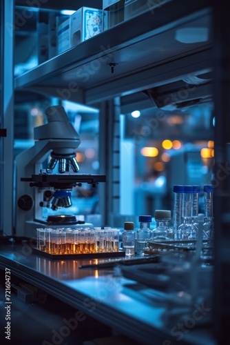 Close-up of medical microscope for scientific research and vaccine vials in laboratory. Research and development of vaccine components to treat the epidemic.