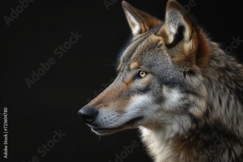 A detailed close-up of a wolf against a black background. Perfect for wildlife enthusiasts or those looking for a bold and striking image for their projects
